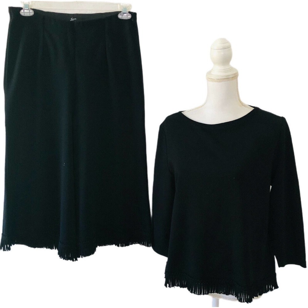 Lemmie For Nina Leonard Black 2-Piece Knit Top Pants Fringe Sz Petite Large